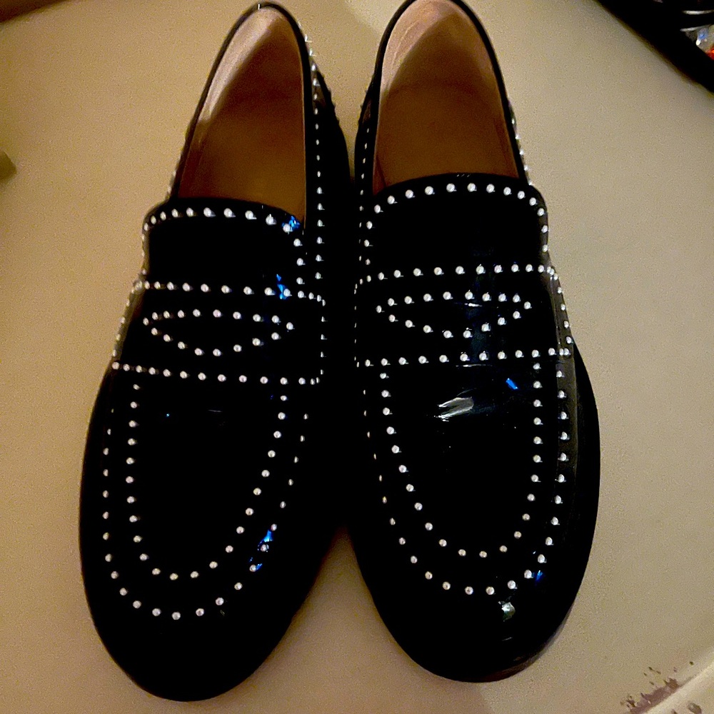 Stuart Weitzman patent loafer with faux pearl trim